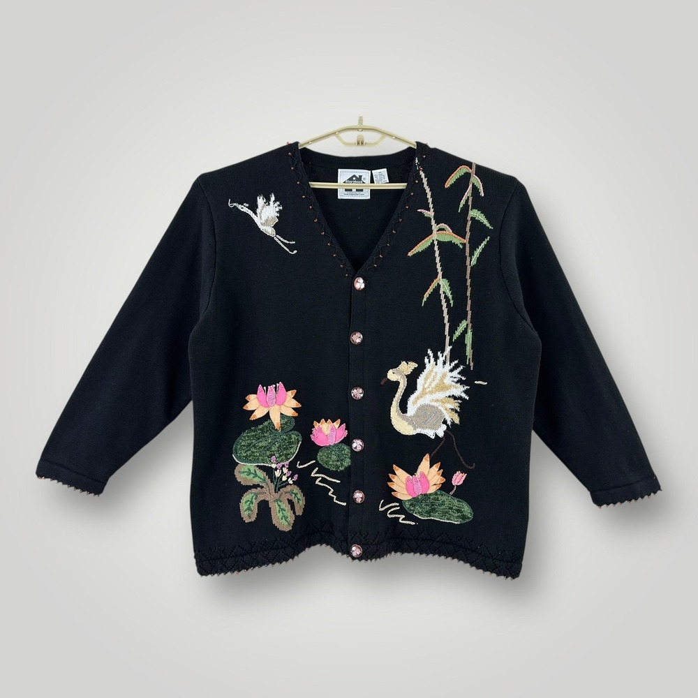 Storybook Knits Cardigan Sweater Womens‎ 3X Egret Black Lotus Beaded Embroidered